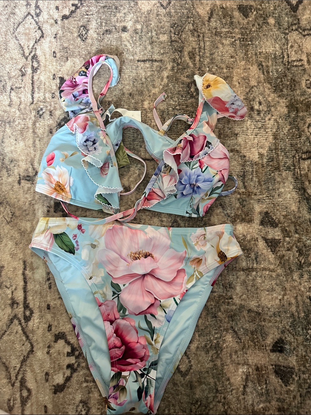 Cupshe Pastel Floral Ruffle Bikini - Light Blue Pink